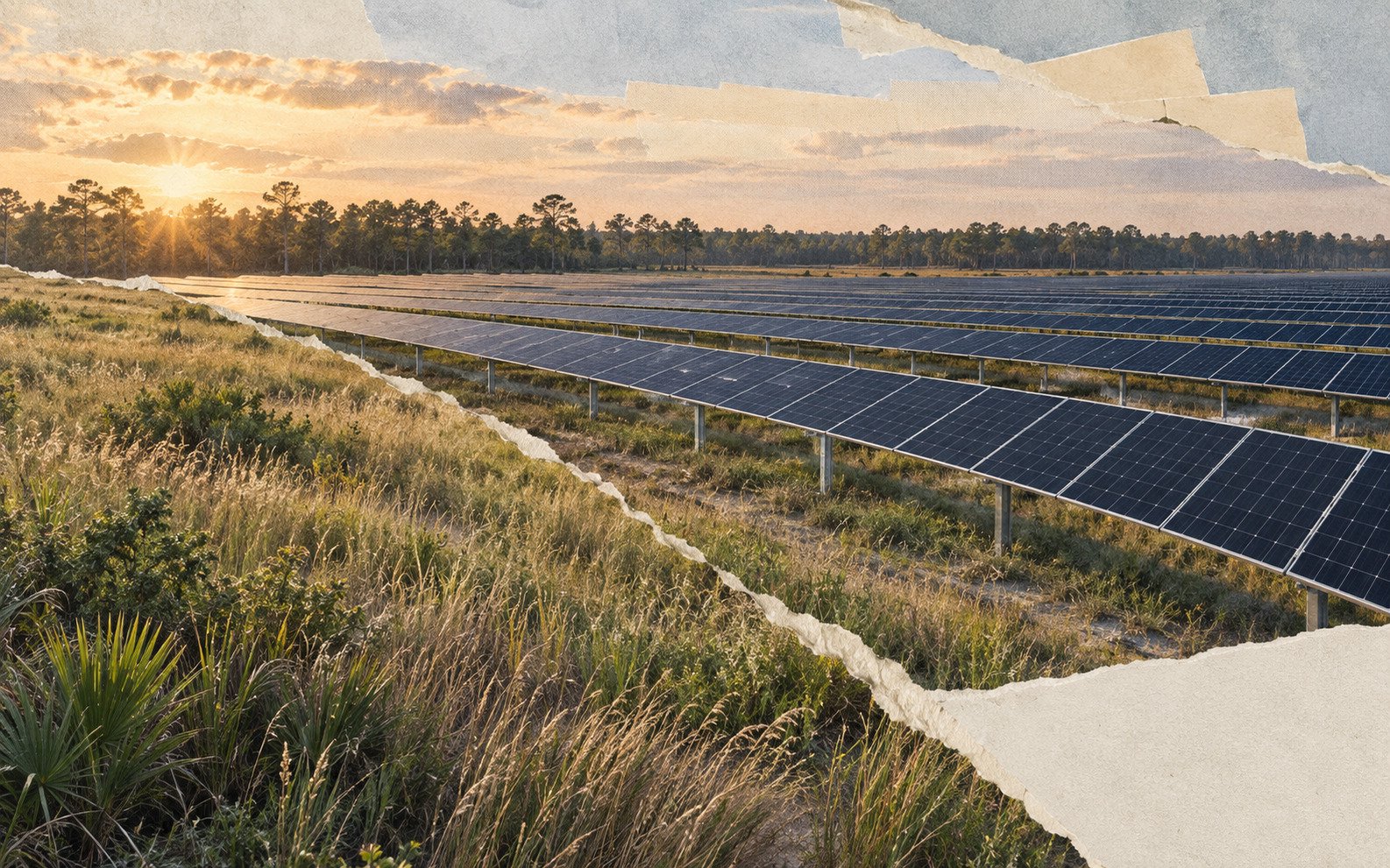 AI editorial concept showing rows of solar panels across a grassy field bordered by pine trees and palmetto vegetation at sunset, with torn-paper collage edges layered across the scene.