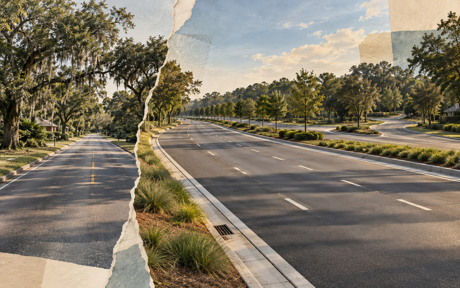 AI editorial concept showing a torn-paper split view of a narrow tree-lined residential road beside a broad landscaped multilane boulevard.
