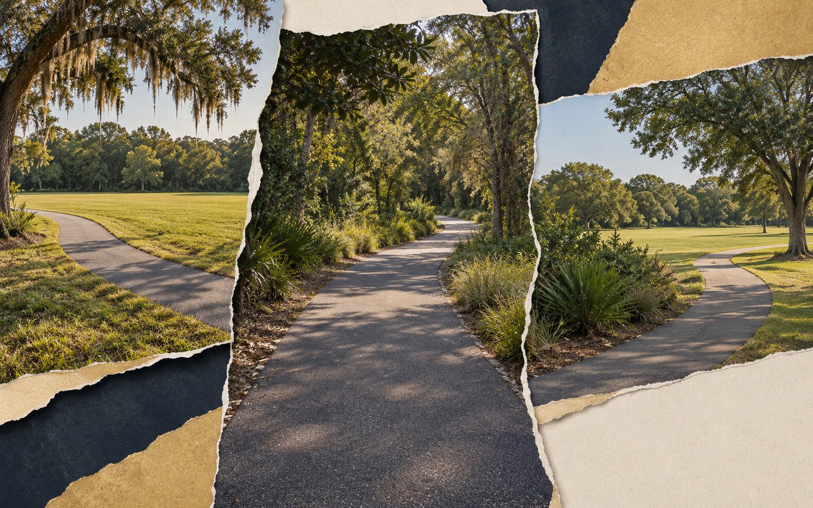 AI editorial concept showing three torn-paper views of paved trails winding through sunlit, tree-filled park landscapes.