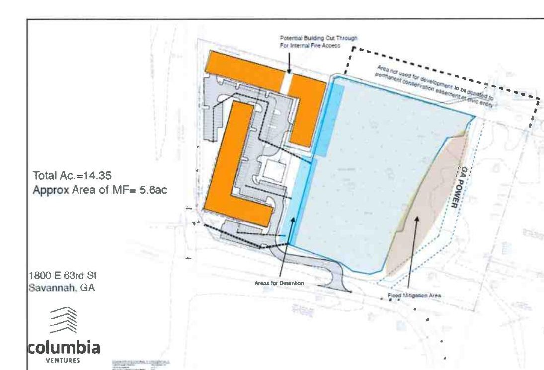 Official concept plan for the 1800 East 63rd Street apartments, with three orange building wings, parking, detention area, flood mitigation area and conservation land.