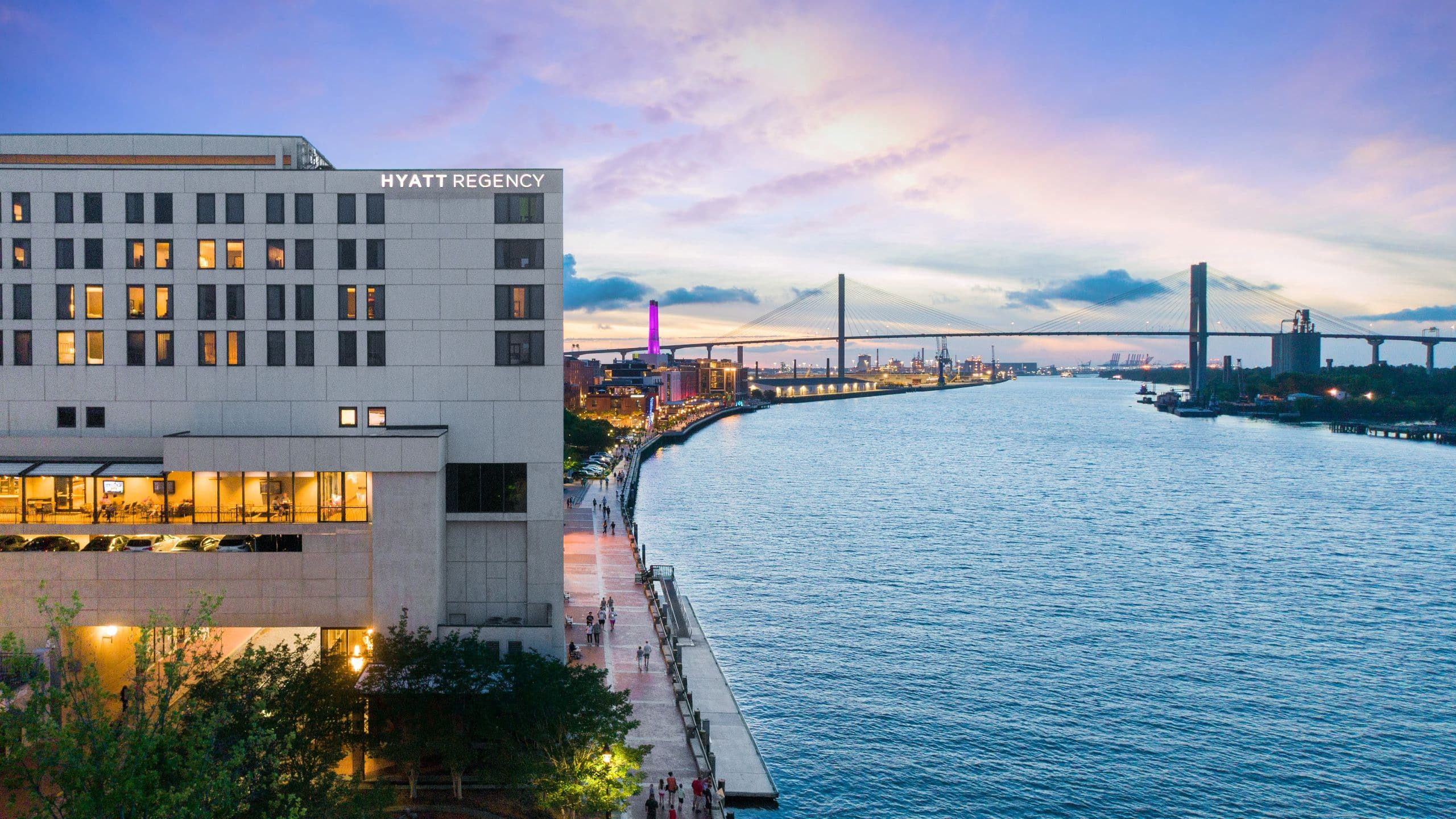 Hyatt Regency Savannah exterior from across the Savannah River