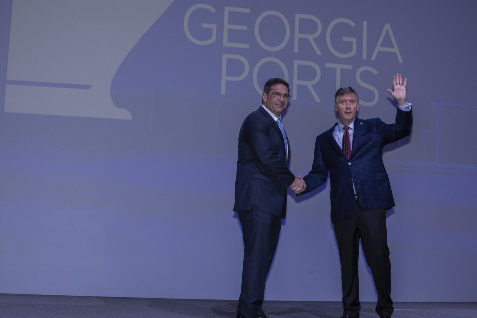 Georgia Ports CEO Griff Lynch, right, and President Kevin Price, left, deliver the Savannah State of the Port address, Wednesday, Oct. 14, 2026, at the Savannah Convention Center in Savannah, Ga. (GPA