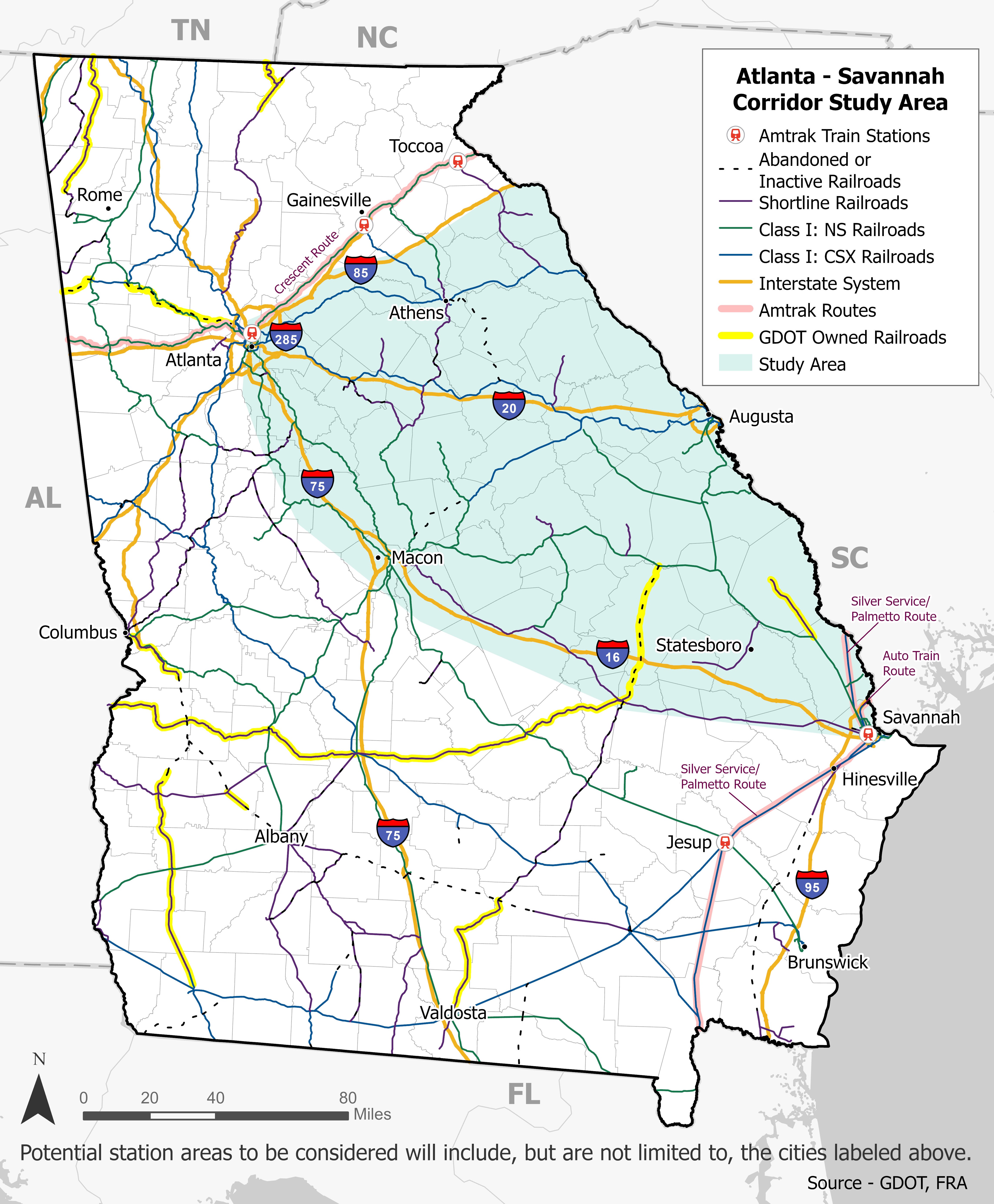 Official GDOT map of the Atlanta-Savannah passenger rail corridor study area across eastern Georgia.