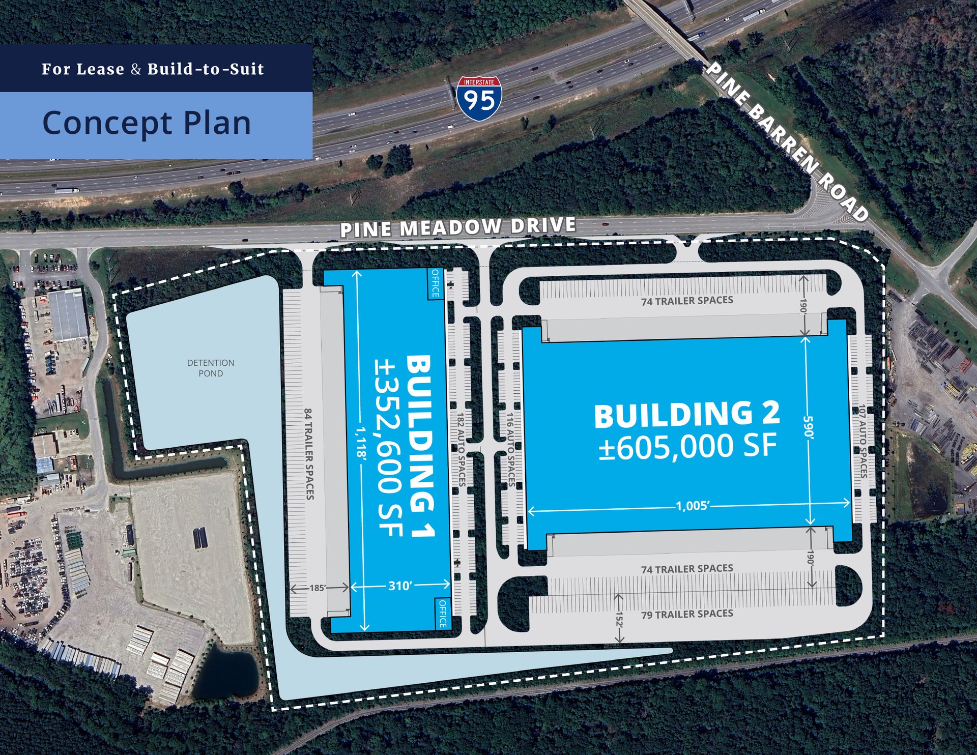 Concept plan: the SunCap and Colliers project flyer maps two proposed industrial buildings at Pine Meadow Drive and Pine Barren Road; it is not a construction-progress image.