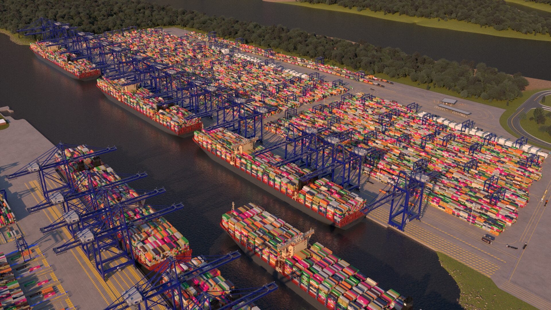 Rendering shows the future three-berth Savannah Container Terminal and the two-berth Ocean Terminal across the river.