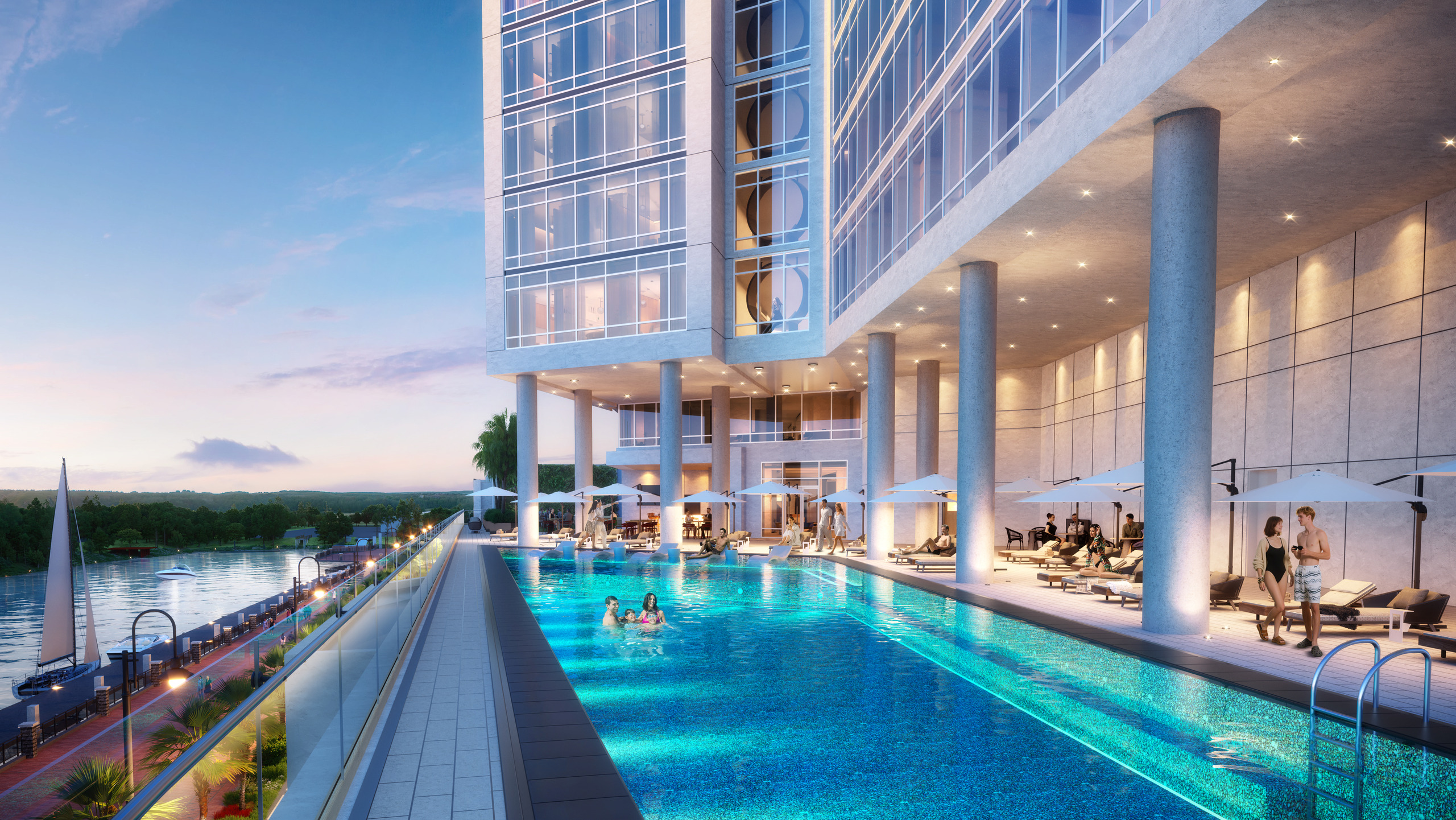 Official rendering of the future Signia Hilton Savannah pool deck beside the glass hotel tower.