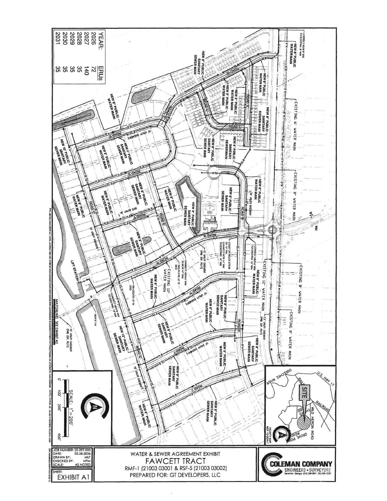 Fawcett Tract proposed water and sewer layout, Exhibit A1 dated May 28, 2026. Engineering plan submitted with the October 8 agenda; not completed construction.