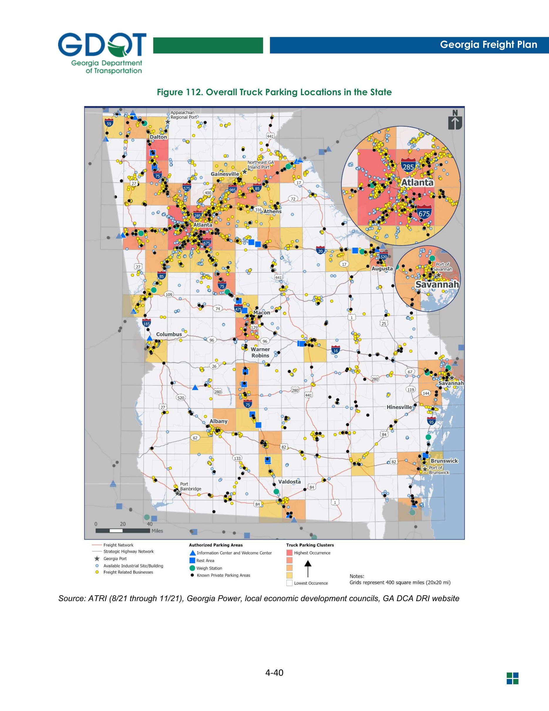 Historical context: the 2023 Georgia Freight Plan maps authorized parking areas and 2021 truck-parking clusters statewide, with a Savannah inset and the Port of Savannah labeled. It does not show the newly awarded facility or its exact site.