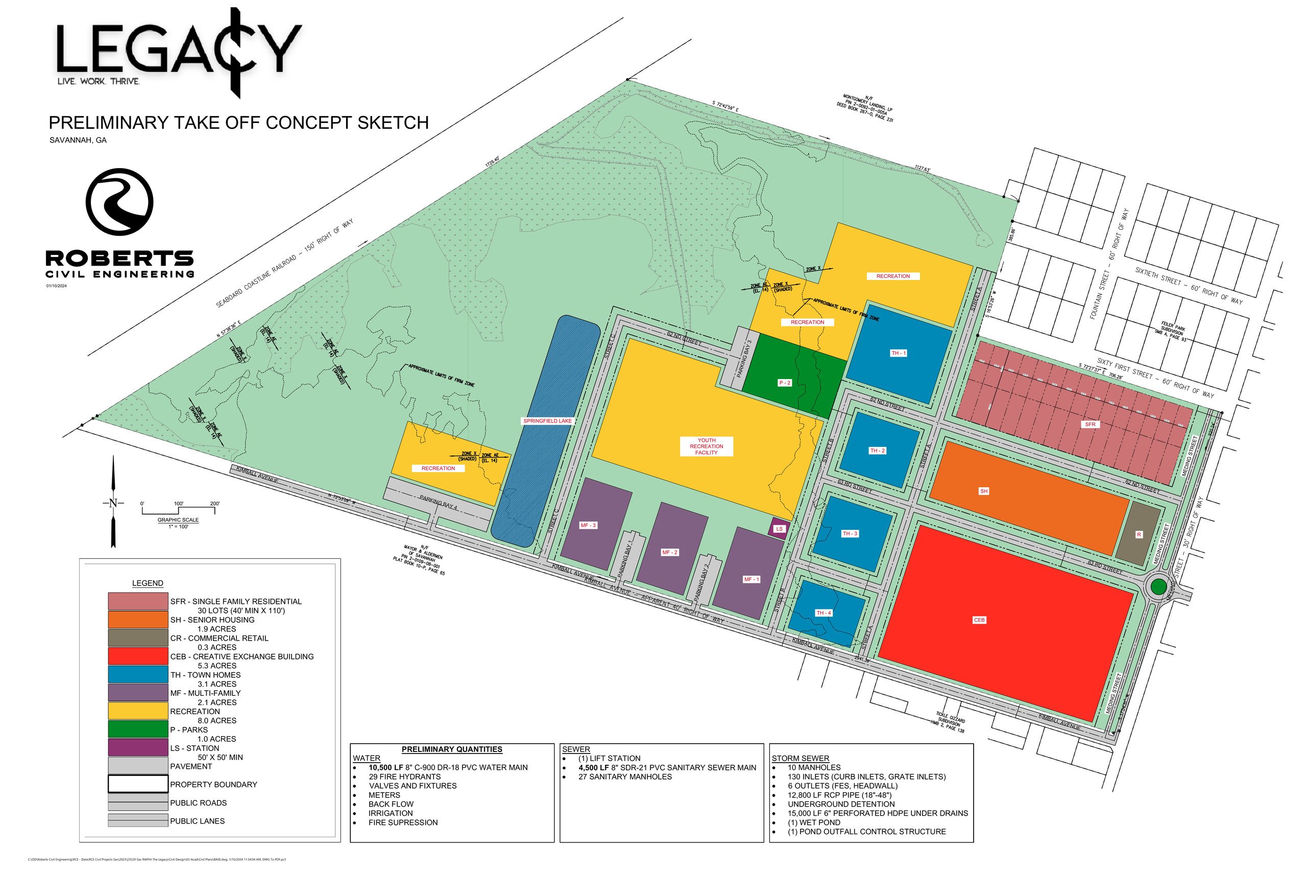 Historical context: a January 10, 2024 preliminary concept plan for Legacy Savannah maps the redevelopment site and labels a lift-station area; it is not the October 2026 construction plan.