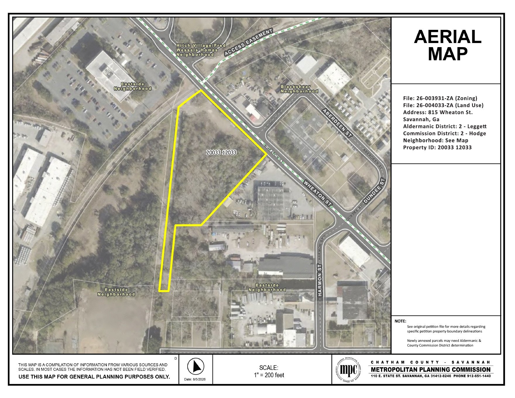 Official MPC aerial map outlining the 3.12-acre subject parcel at 815 Wheaton Street; map dated Aug. 5, 2026.