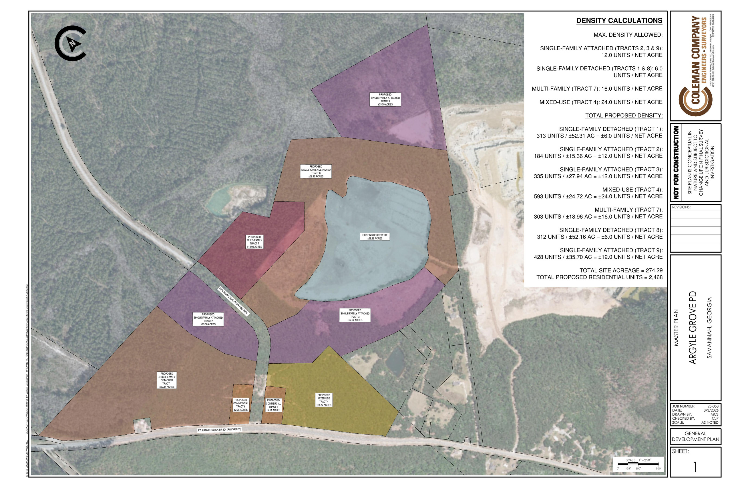 Official general development plan for the 0 Fort Argyle Road site, showing residential and mixed-use tracts and the proposed New Hampstead Parkway alignment.