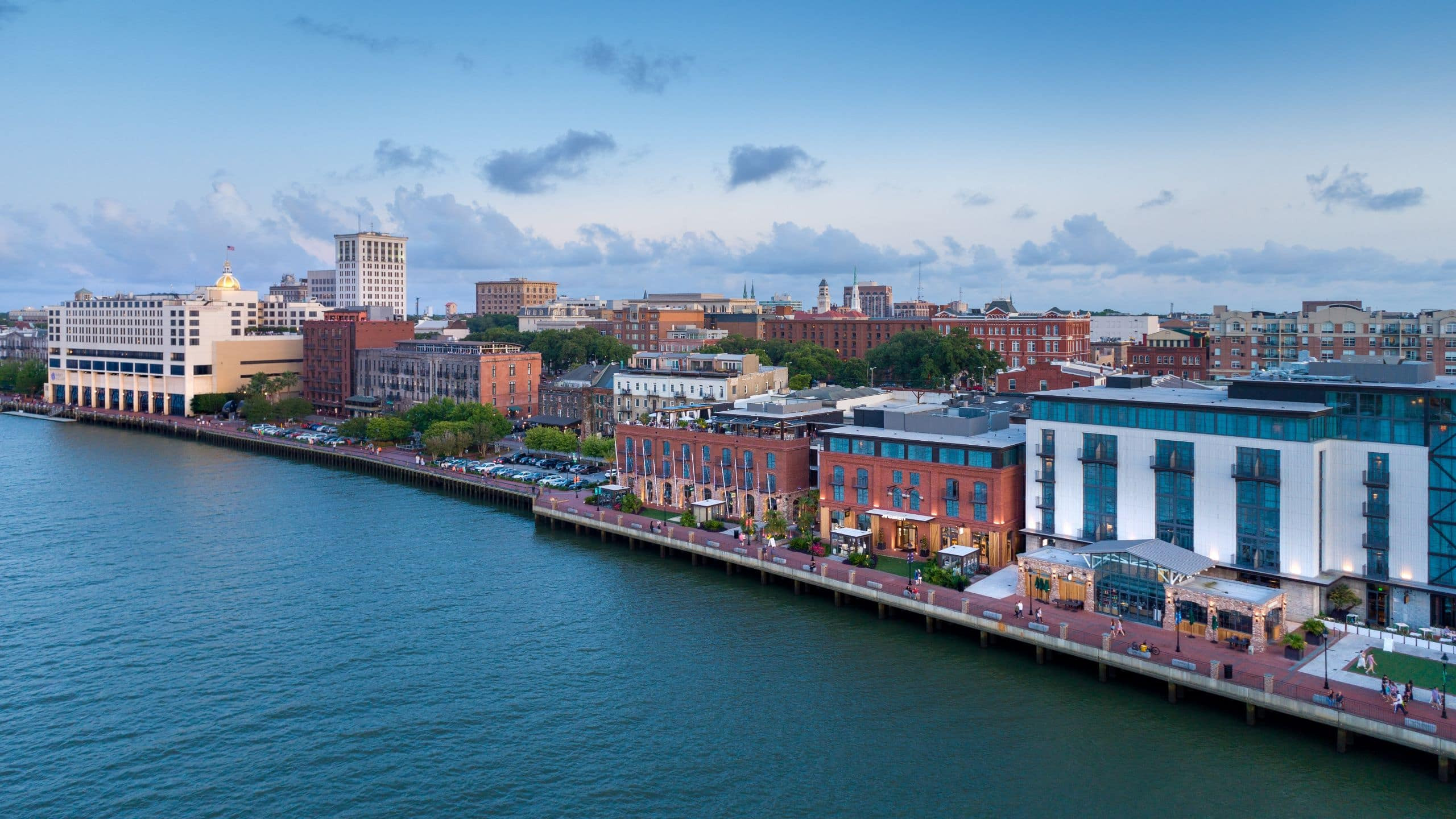 Aerial exterior view of Hyatt Regency Savannah beside the Savannah River.