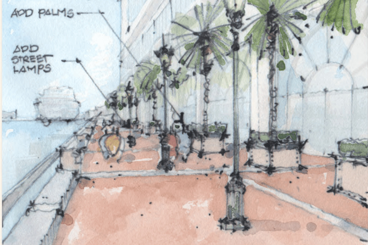 The waterfront along the Hyatt is currently one of the most vacant and underutilized sections of the Savannah Riverwalk. The addition of planters and streetlamps would make this frontage more inviting