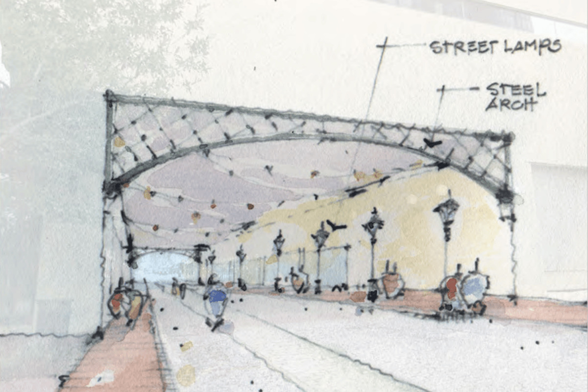 The passage under the Hyatt Hotel could take on a more inviting and interesting character with the addition of arched gateways at each entrance, as well as pedestrian scaled streetlamps connecting the
