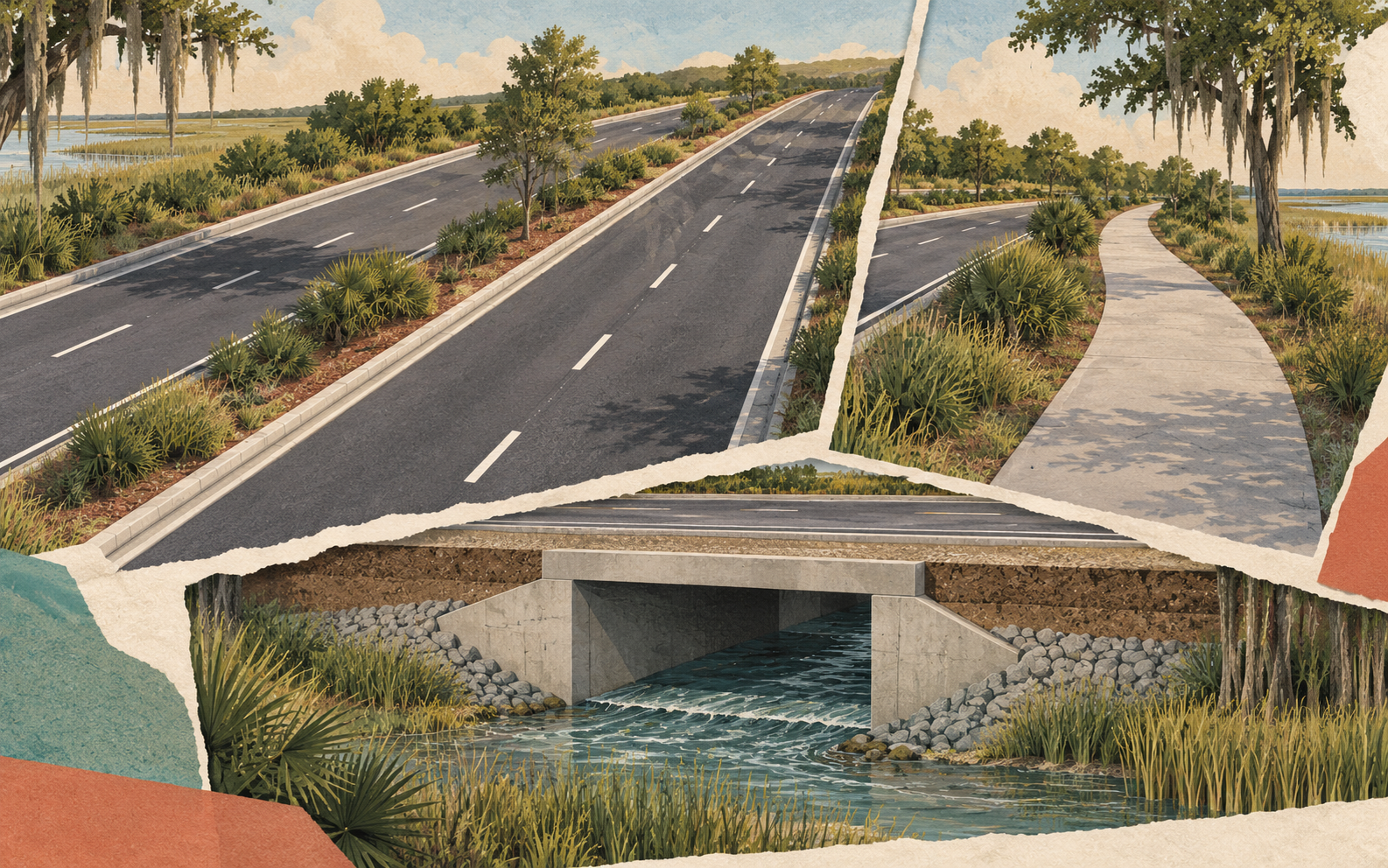 AI editorial concept showing torn-paper views of a landscaped divided roadway, a paved shared-use path beside wetlands, and a concrete culvert carrying water beneath a road.
