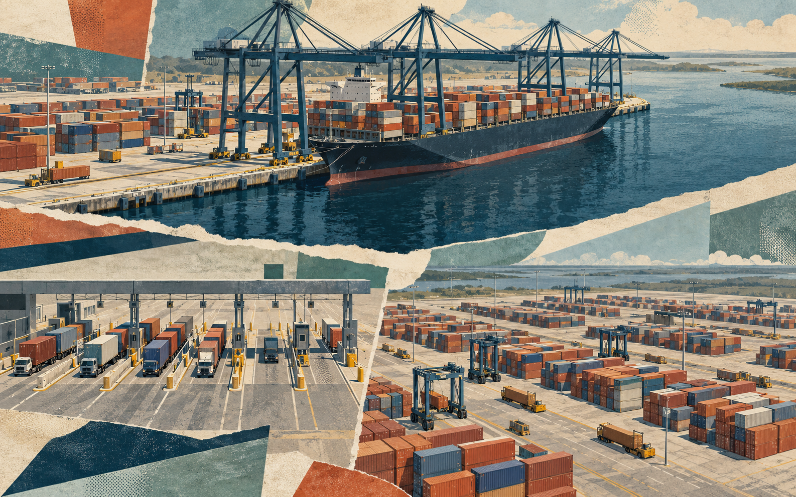 AI editorial concept showing a container ship at a crane-lined berth above torn-paper panels of a truck gate and a container yard.