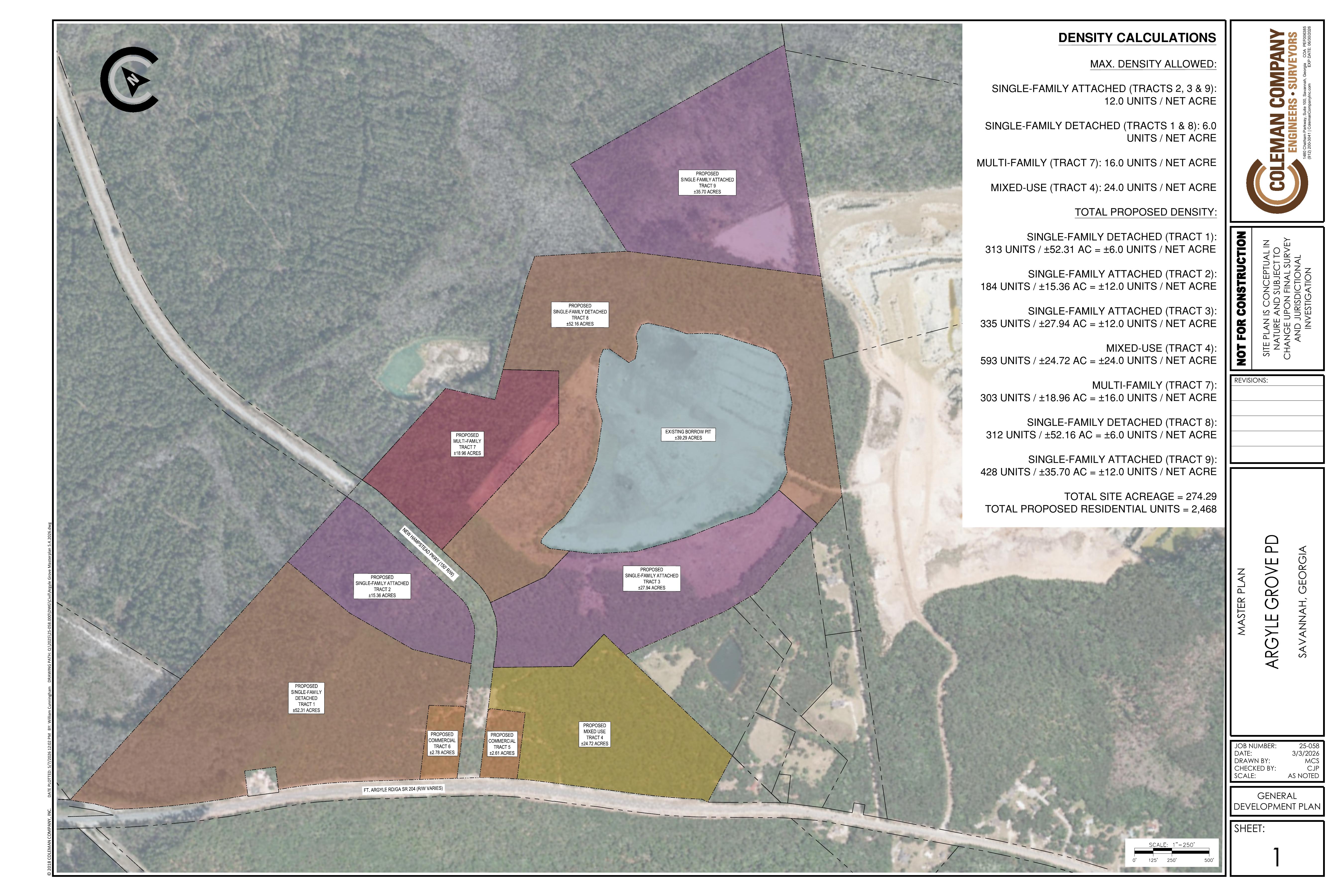 Official general development plan for the 0 Fort Argyle Road site, showing residential and mixed-use tracts and the proposed New Hampstead Parkway alignment.