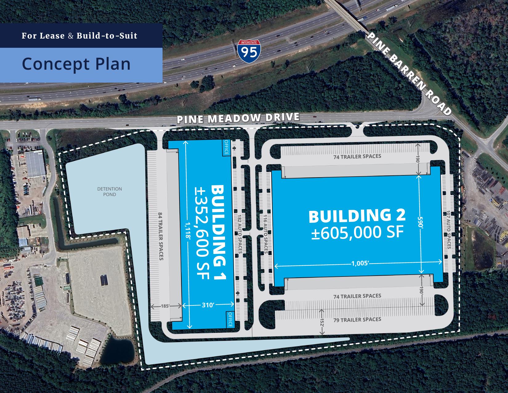 Concept plan for two proposed industrial buildings at Pine Meadow Drive and Pine Barren Road; not a construction-progress image.