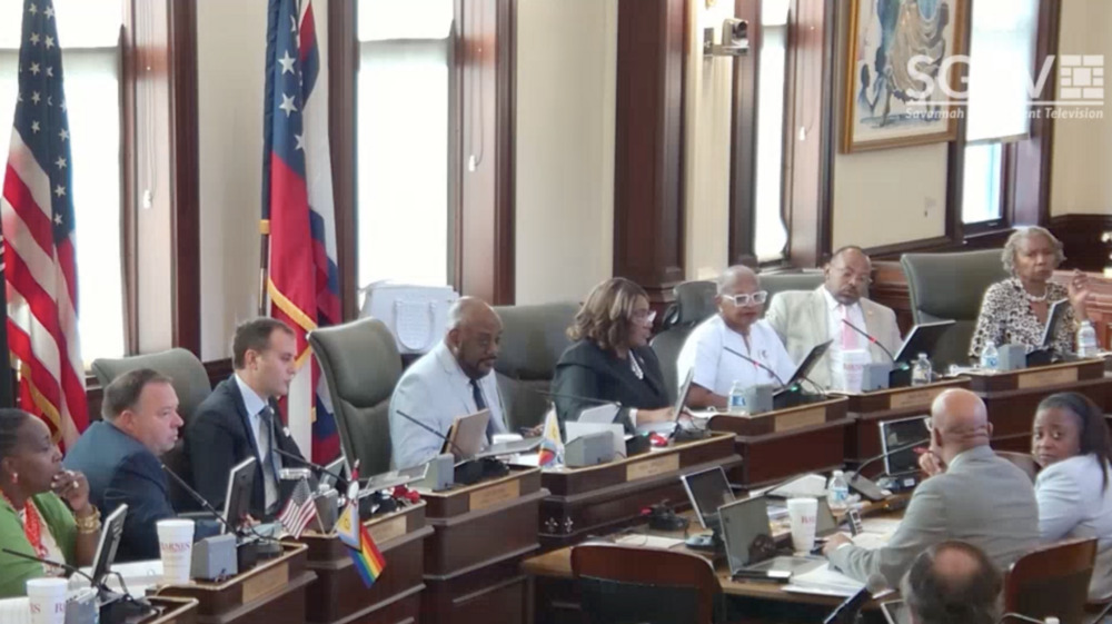 Savannah Mayor Van Johsnon sits among city council which unanimously voted for a data center moratorium on Aug. 27